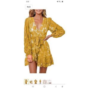 New XL Farysays Lace Wrap Mini Dress Floral V-Neck Yellow Gold Short Dress NWOT